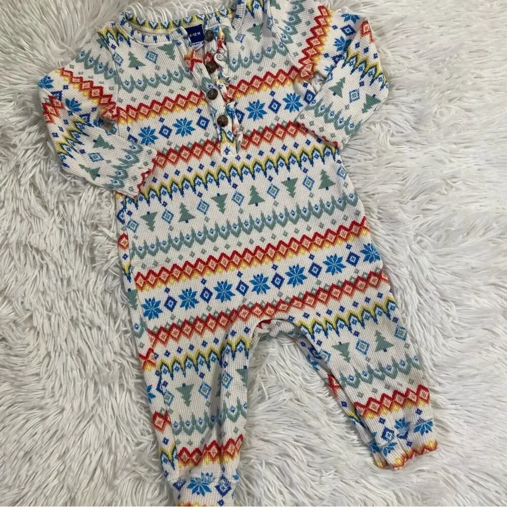 OLD NAVY • Winter Fair Isle Thermal Waffle Knit Ruffle Trim Romper Sleeper